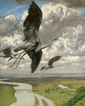 Pintura a óleo de Hans Thoma, A Revoada das Garças, mostrando três garças em pleno voo sobre uma paisagem fluvial e nuvens dramáticas. A garça em primeiro plano está com as asas abertas em ascensão, enquanto as outras duas estão mais distantes. A paisagem abaixo é verdejante com um rio sinuoso e uma ponte.