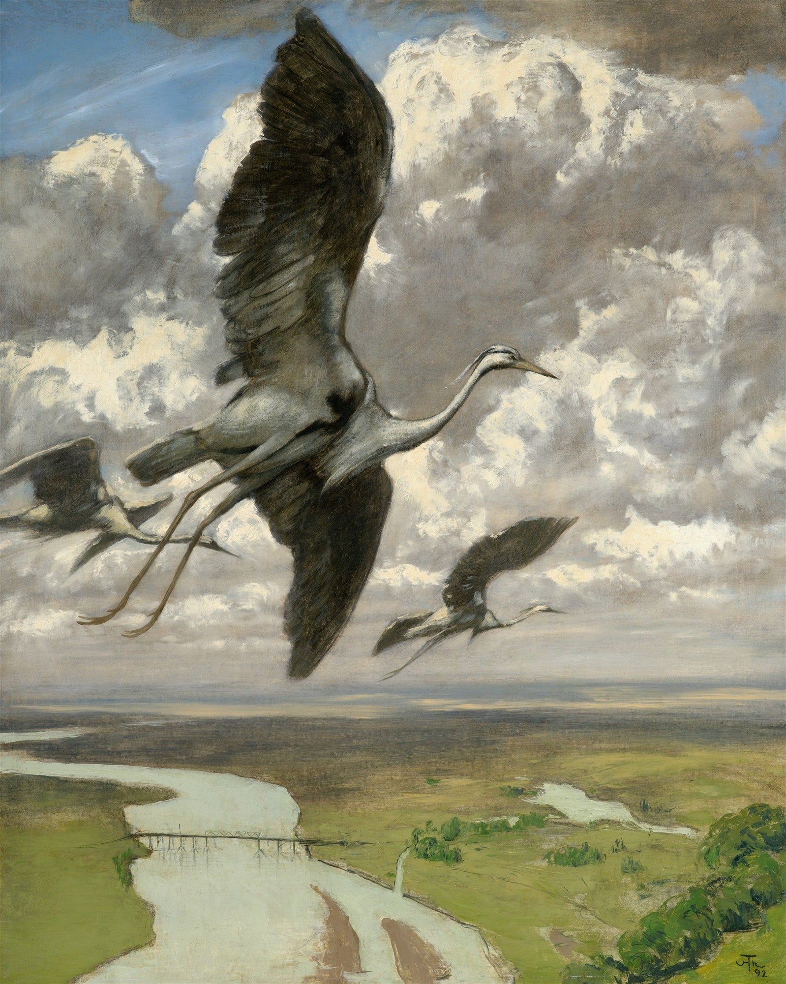 Pintura a óleo de Hans Thoma, A Revoada das Garças, mostrando três garças em pleno voo sobre uma paisagem fluvial e nuvens dramáticas. A garça em primeiro plano está com as asas abertas em ascensão, enquanto as outras duas estão mais distantes. A paisagem abaixo é verdejante com um rio sinuoso e uma ponte.
