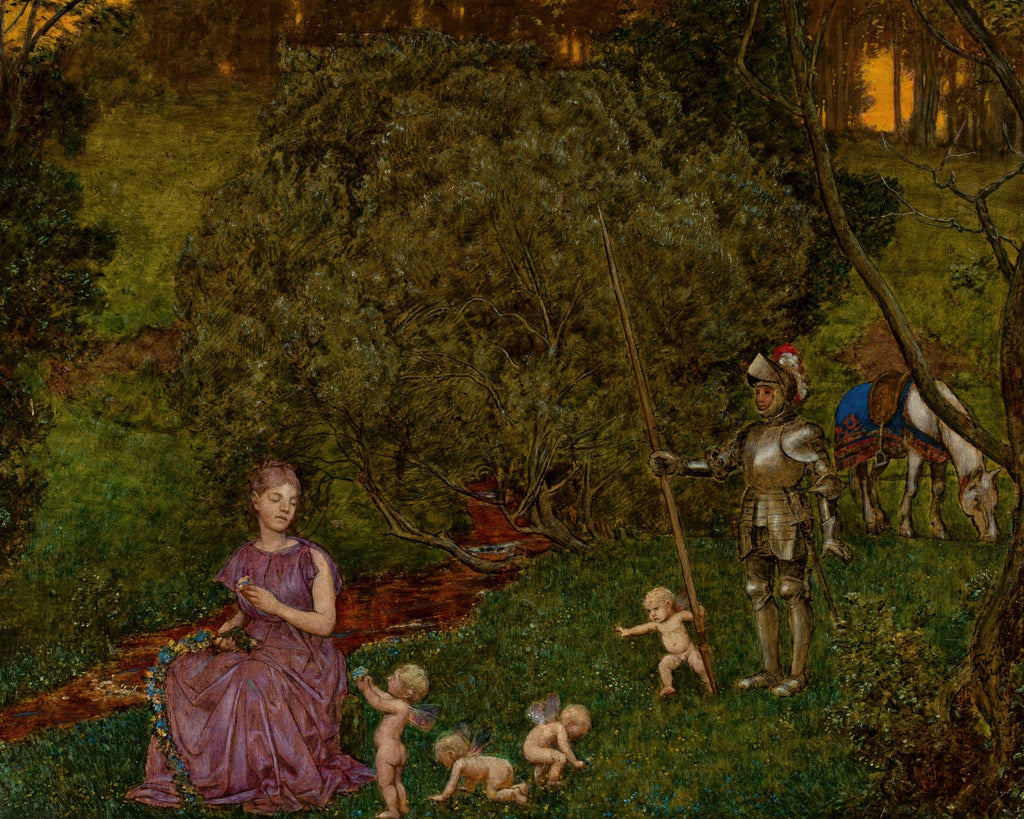 Quadro decorativo 'A Primavera' de Hans Thoma, retratando uma mulher colhendo flores em um prado verde com putti, um cavaleiro em armadura e um cavalo ao fundo, em uma paisagem florestal.