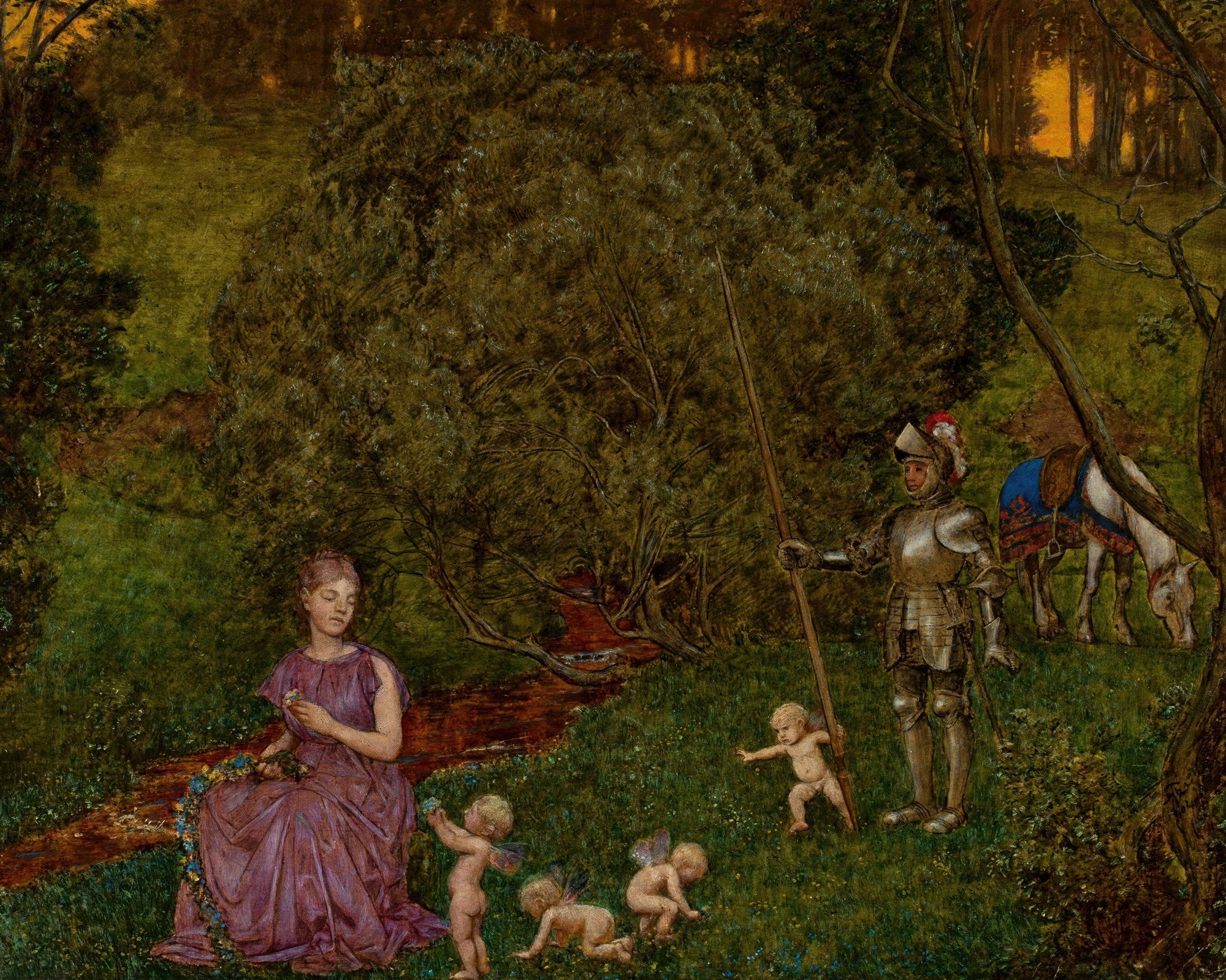 Quadro decorativo 'A Primavera' de Hans Thoma, retratando uma mulher colhendo flores em um prado verde com putti, um cavaleiro em armadura e um cavalo ao fundo, em uma paisagem florestal.