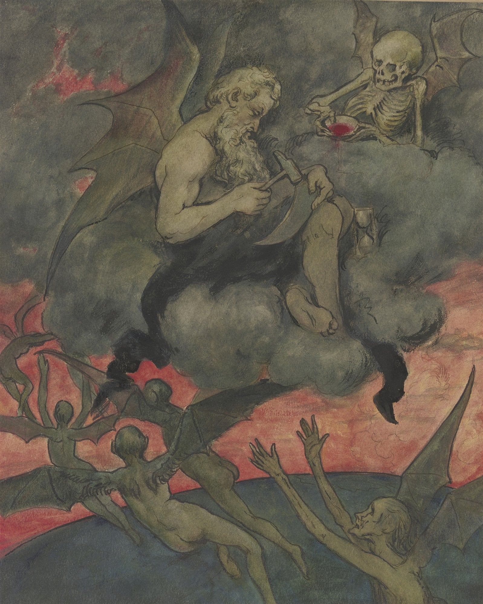 Gravura "A Morte e o Tempo" de Hans Thoma, com figuras aladas sombrias, um homem barbudo com foice e um esqueleto em nuvens escuras sobre um fundo vermelho e azul.
