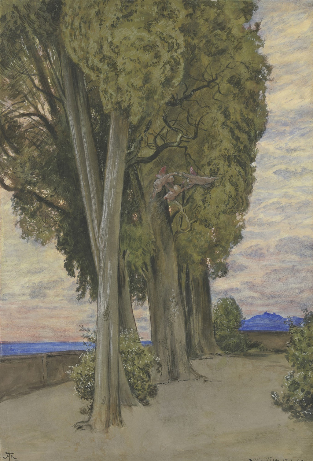 Quadro vertical com ciprestes altos em primeiro plano, uma vista para o mar azul e um céu com nuvens ao entardecer. Pequenos querubins parecem flutuar entre os galhos da árvore central. A assinatura do artista está no canto inferior direito.
