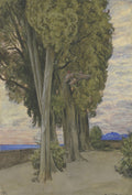 Quadro vertical com ciprestes altos em primeiro plano, uma vista para o mar azul e um céu com nuvens ao entardecer. Pequenos querubins parecem flutuar entre os galhos da árvore central. A assinatura do artista está no canto inferior direito.
