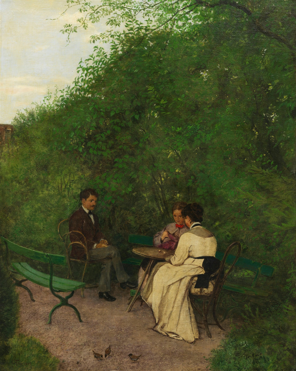 Quadro decorativo com três pessoas em um jardim exuberante, com um homem e duas mulheres sentados ao redor de uma mesa, cercados por folhagem verde intensa e um banco de jardim. Pintura de Hans Thoma.