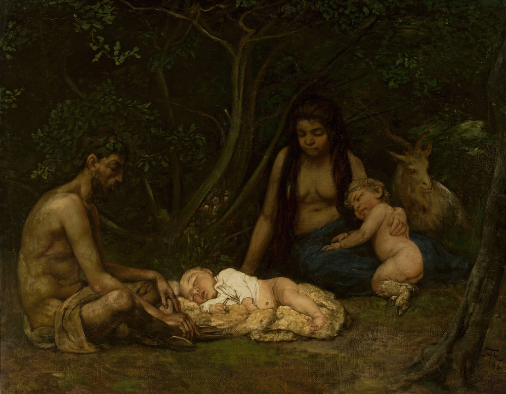 Pintura a óleo de Hans Thoma, "A Família do Sátiro", mostrando uma família mítica em uma floresta escura. Um sátiro adulto, uma mulher e duas crianças dormindo, com um cervo ao fundo, sob a luz filtrada da floresta.