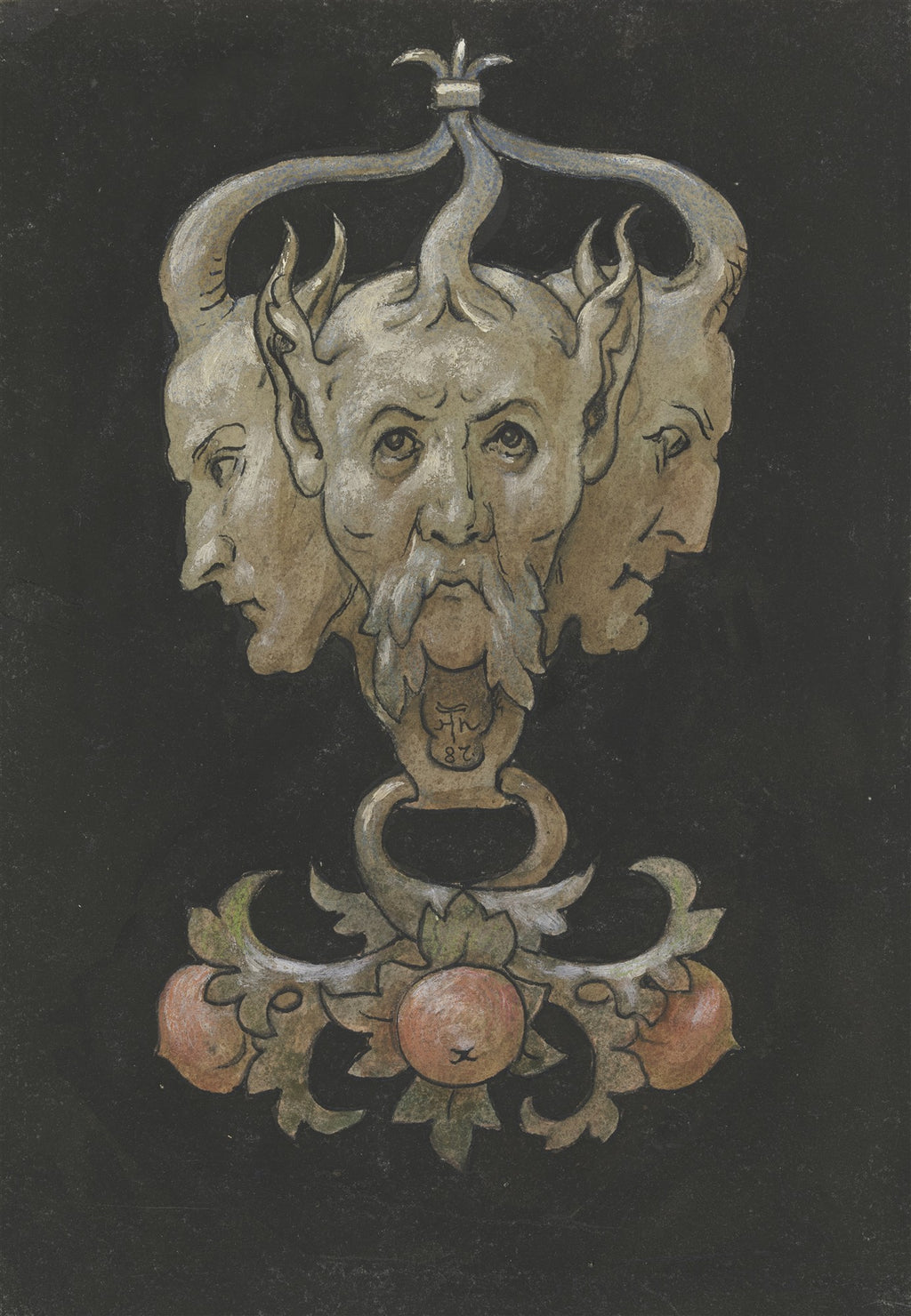 Ilustração de uma máscara ornamental com três faces em tons de cinza e marrom claro, com chifres e folhas decorativas na base, sobre um fundo preto. A face central possui barba. A obra é atribuída a Hans Thoma.