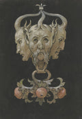 Ilustração de uma máscara ornamental com três faces em tons de cinza e marrom claro, com chifres e folhas decorativas na base, sobre um fundo preto. A face central possui barba. A obra é atribuída a Hans Thoma.