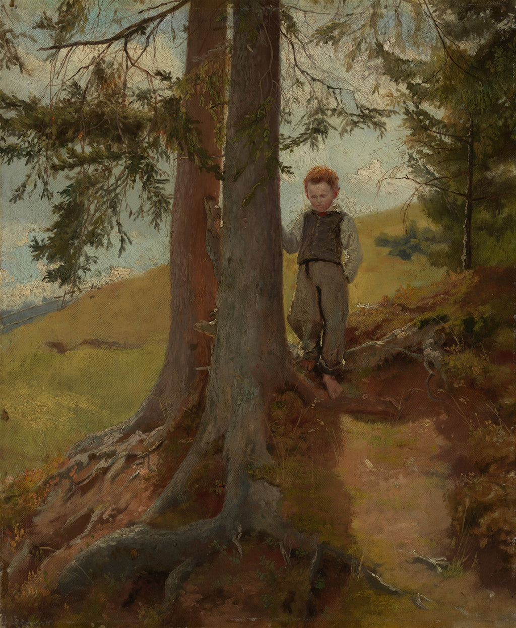 Pintura a óleo de Hans Thoma, um menino ruivo em pé, descalço, entre duas árvores de troncos grossos em uma floresta, com luz filtrando e um campo ao fundo. As raízes das árvores são proeminentes.