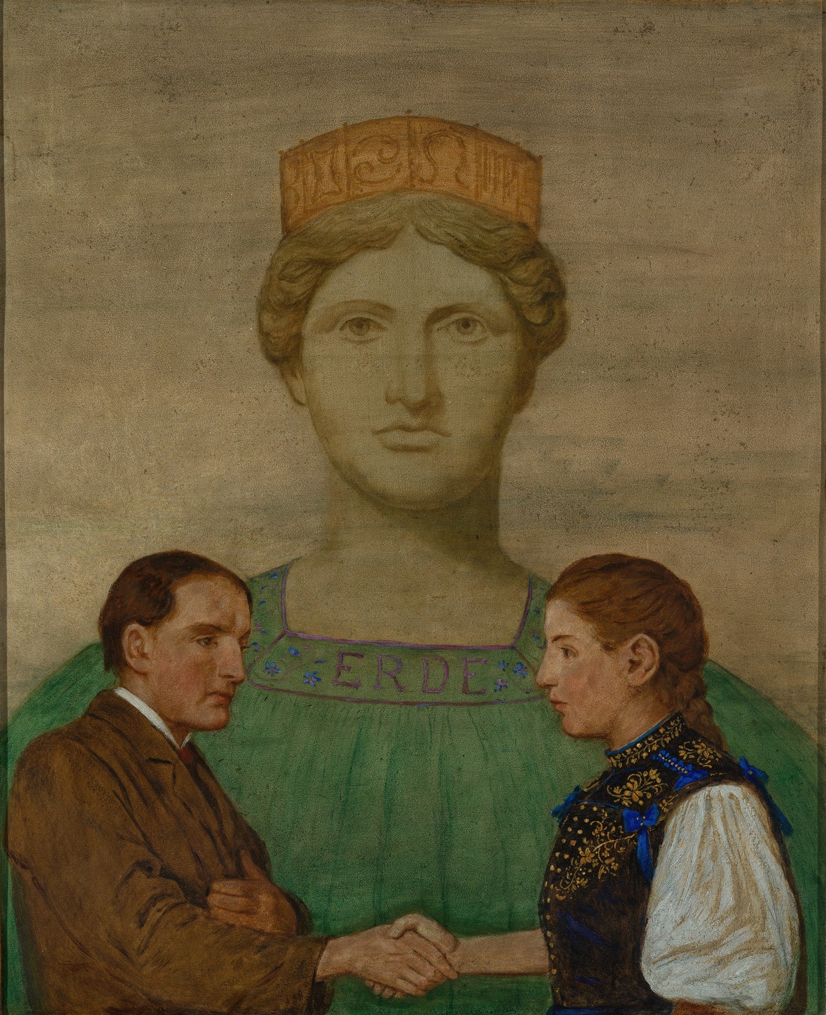 Quadro "Die Erde" de Hans Thoma, representando duas figuras terrenas apertando as mãos, sob a figura maior e serena de uma mulher coroada com a palavra "ERDE" em seu peito.
