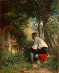 Quadro a óleo de Hans Thoma, homem com cachimbo sentado sob uma árvore frondosa, em ambiente de floresta com cabana rústica ao fundo.