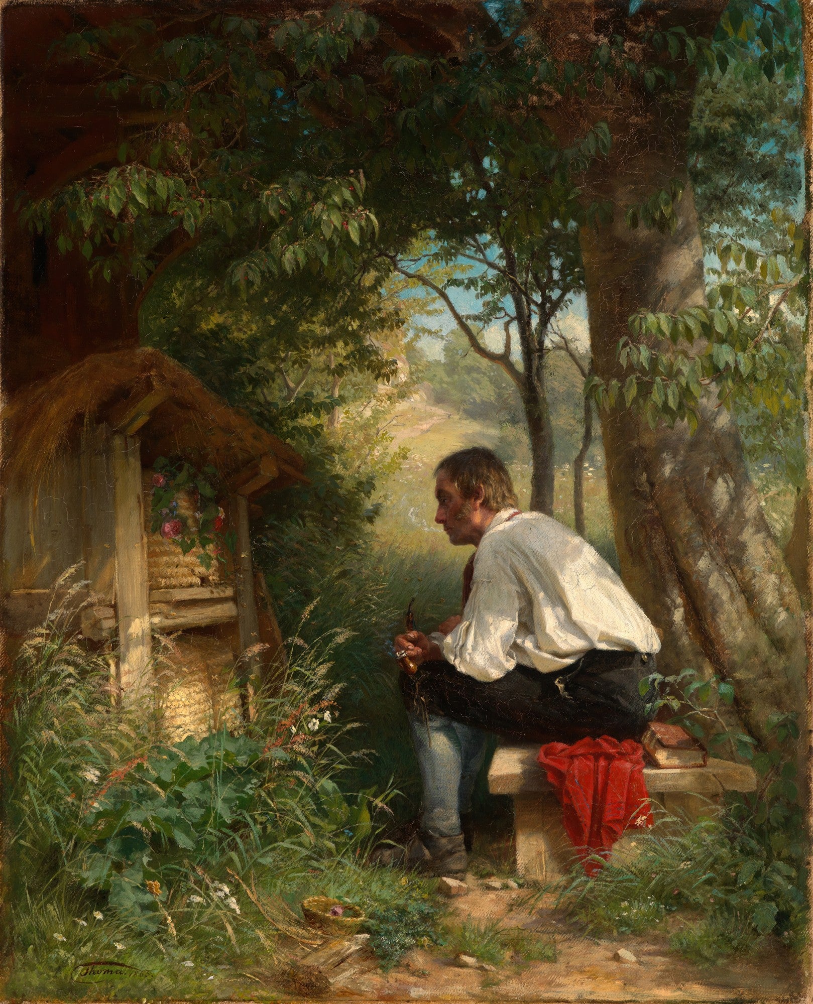 Quadro a óleo de Hans Thoma, homem com cachimbo sentado sob uma árvore frondosa, em ambiente de floresta com cabana rústica ao fundo.