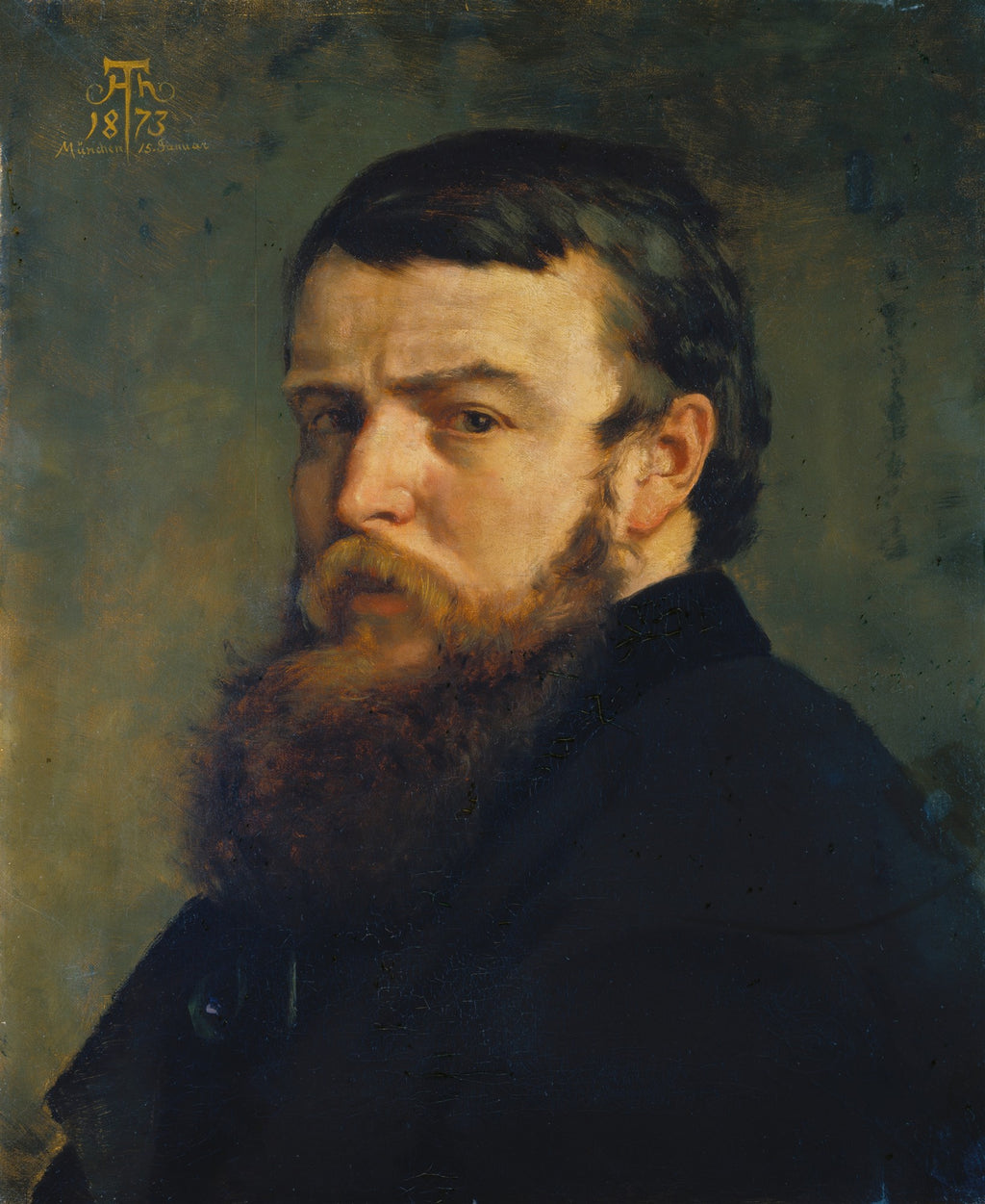 Autorretrato de Hans Thoma, um homem com barba ruiva e cabelo escuro, olhar fixo, em um fundo escuro e neutro. Obra datada de 1873.