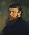 Autorretrato de Hans Thoma, um homem com barba ruiva e cabelo escuro, olhar fixo, em um fundo escuro e neutro. Obra datada de 1873.