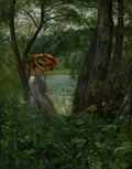 Pintura a óleo de Hans Thoma, "A Caminho do Lago", retratando uma mulher com guarda-chuva vermelho em uma floresta densa perto de um lago, com tons escuros de verde e marrom.