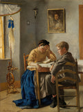 Pintura a óleo de Hans Thoma mostrando duas crianças, um menino e uma menina, sentados à mesa. A menina parece pensativa, com a mão na cabeça, e o menino ao lado dela, em um ambiente doméstico com luz suave.