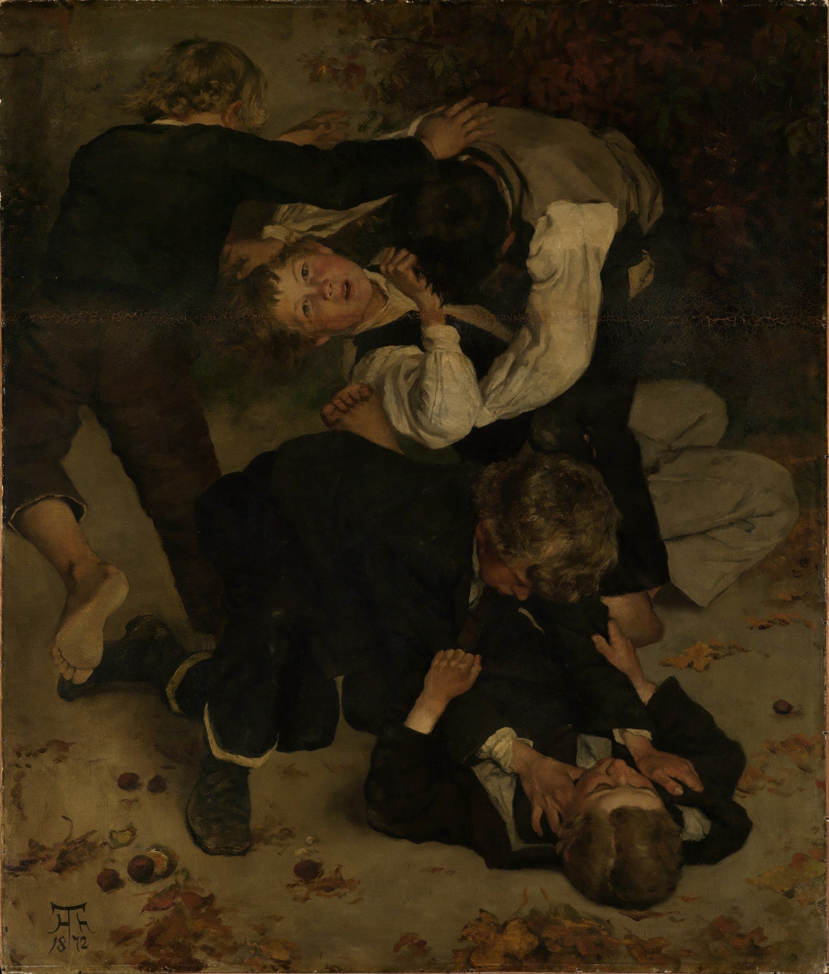 Quadro a óleo de Hans Thoma, 'A Briga', mostrando cinco meninos em um combate lúdico no chão, cercados por folhas de outono. Um menino no centro olha para cima, enquanto outros se engalfinham. Cores escuras e terrosas predominam, com detalhes vívidos nos rostos e roupas dos meninos.