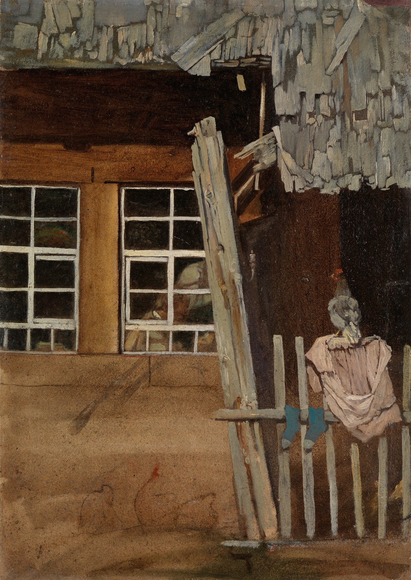Pintura de Hans Thoma, 'The Scarecrow', mostrando uma casa rústica de madeira com telhado de telhas, janelas, uma cerca de madeira e um espantalho à direita com um vestido rosa e meias azuis penduradas.