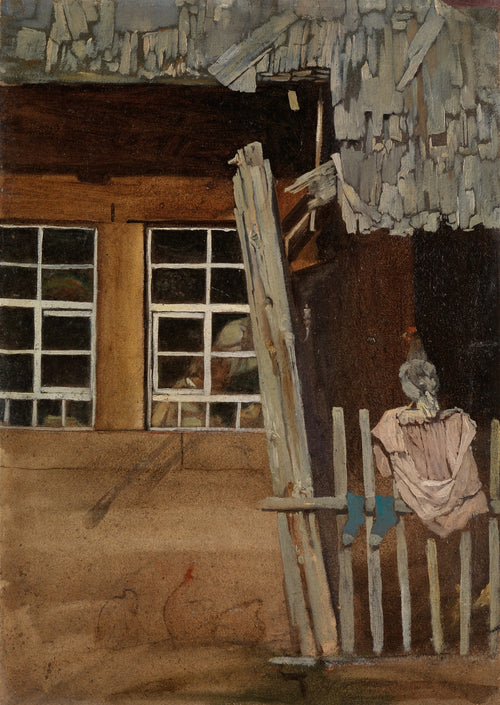 Pintura de Hans Thoma, 'The Scarecrow', mostrando uma casa rústica de madeira com telhado de telhas, janelas, uma cerca de madeira e um espantalho à direita com um vestido rosa e meias azuis penduradas.