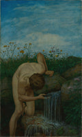 Quadro de Hans Thoma, 'A Fonte', mostra um homem nu ajoelhado bebendo água de uma pequena cascata em meio a rochas e vegetação exuberante sob um céu azul claro.