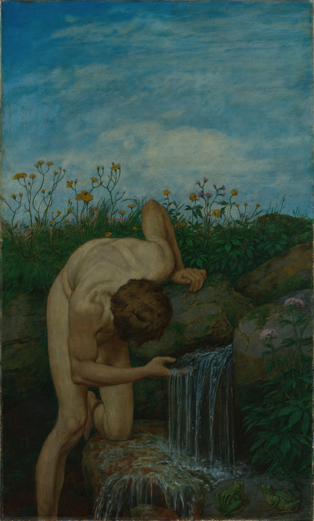 Quadro de Hans Thoma, 'A Fonte', mostra um homem nu ajoelhado bebendo água de uma pequena cascata em meio a rochas e vegetação exuberante sob um céu azul claro.
