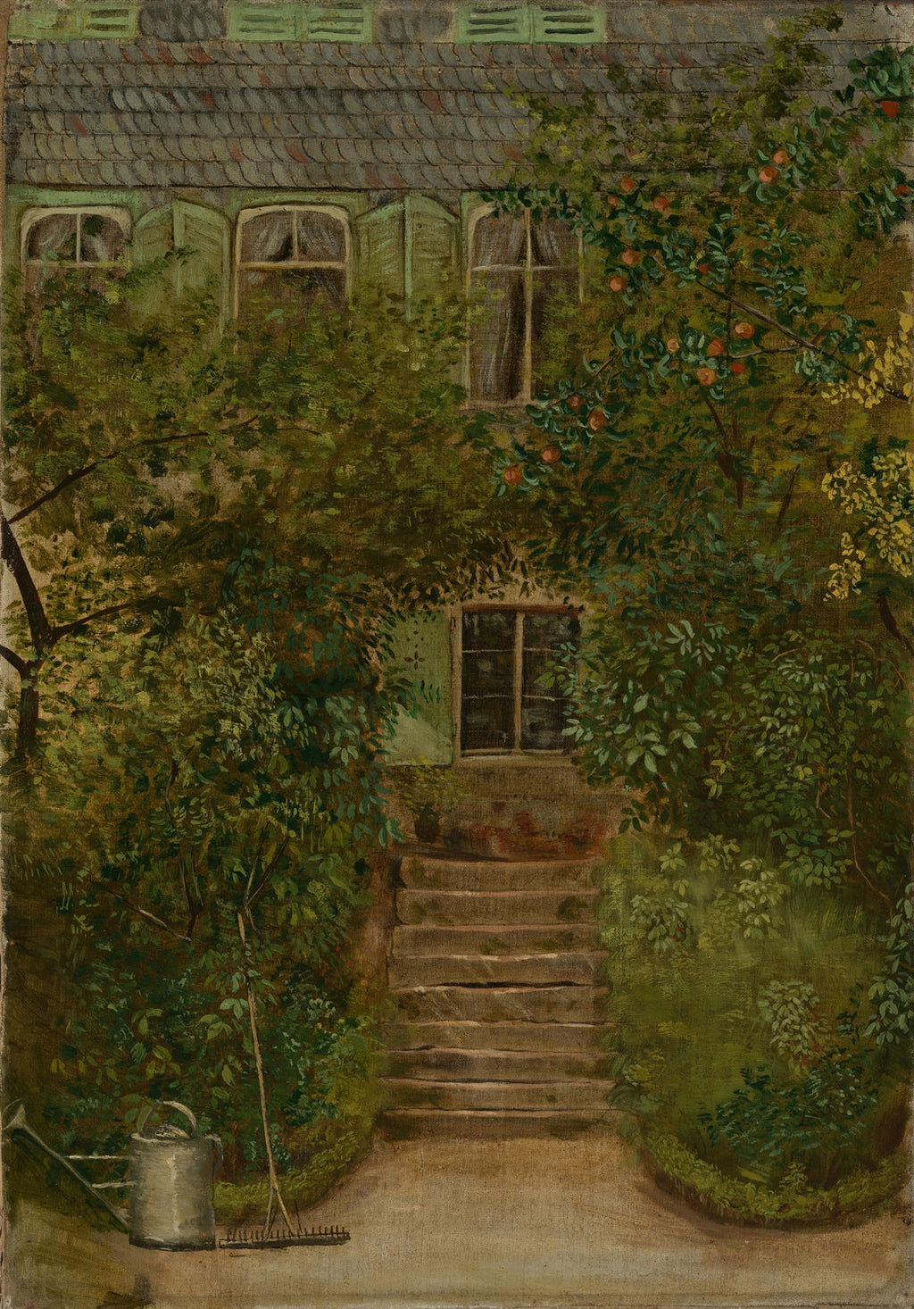 Pintura a óleo de Hans Thoma representando uma casa antiga de telhado escuro e venezianas verdes, quase completamente coberta por folhagens densas e árvores frutíferas com maçãs vermelhas. Há uma escadaria de pedra levando à porta e um regador e ancinho no canto inferior esquerdo.