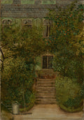 Pintura a óleo de Hans Thoma representando uma casa antiga de telhado escuro e venezianas verdes, quase completamente coberta por folhagens densas e árvores frutíferas com maçãs vermelhas. Há uma escadaria de pedra levando à porta e um regador e ancinho no canto inferior esquerdo.