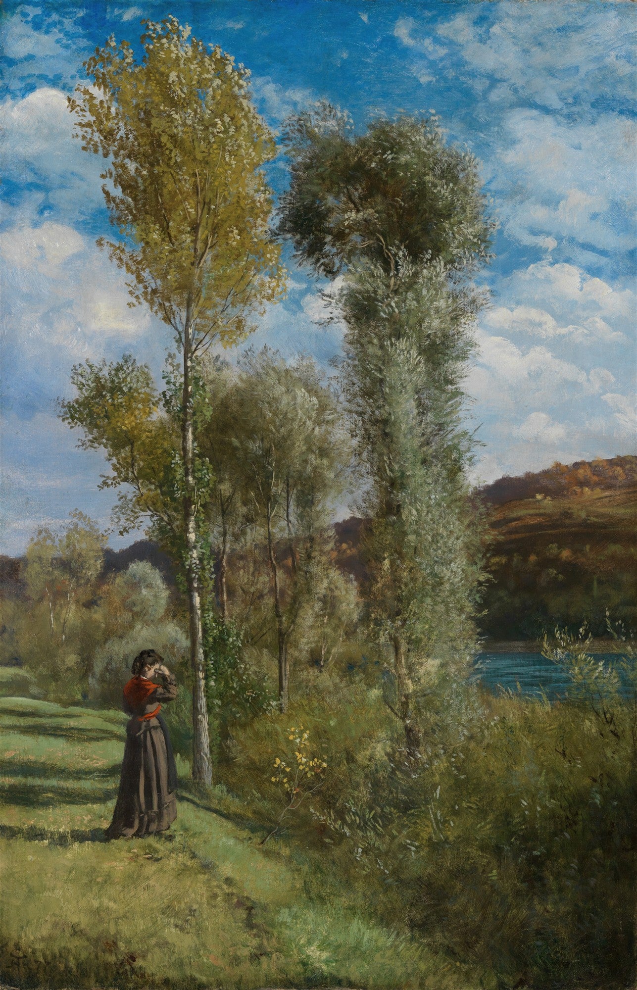 Pintura a óleo de Hans Thoma, representando uma mulher em um campo verde, com árvores altas e um rio azul ao fundo, sob um céu parcialmente nublado.
