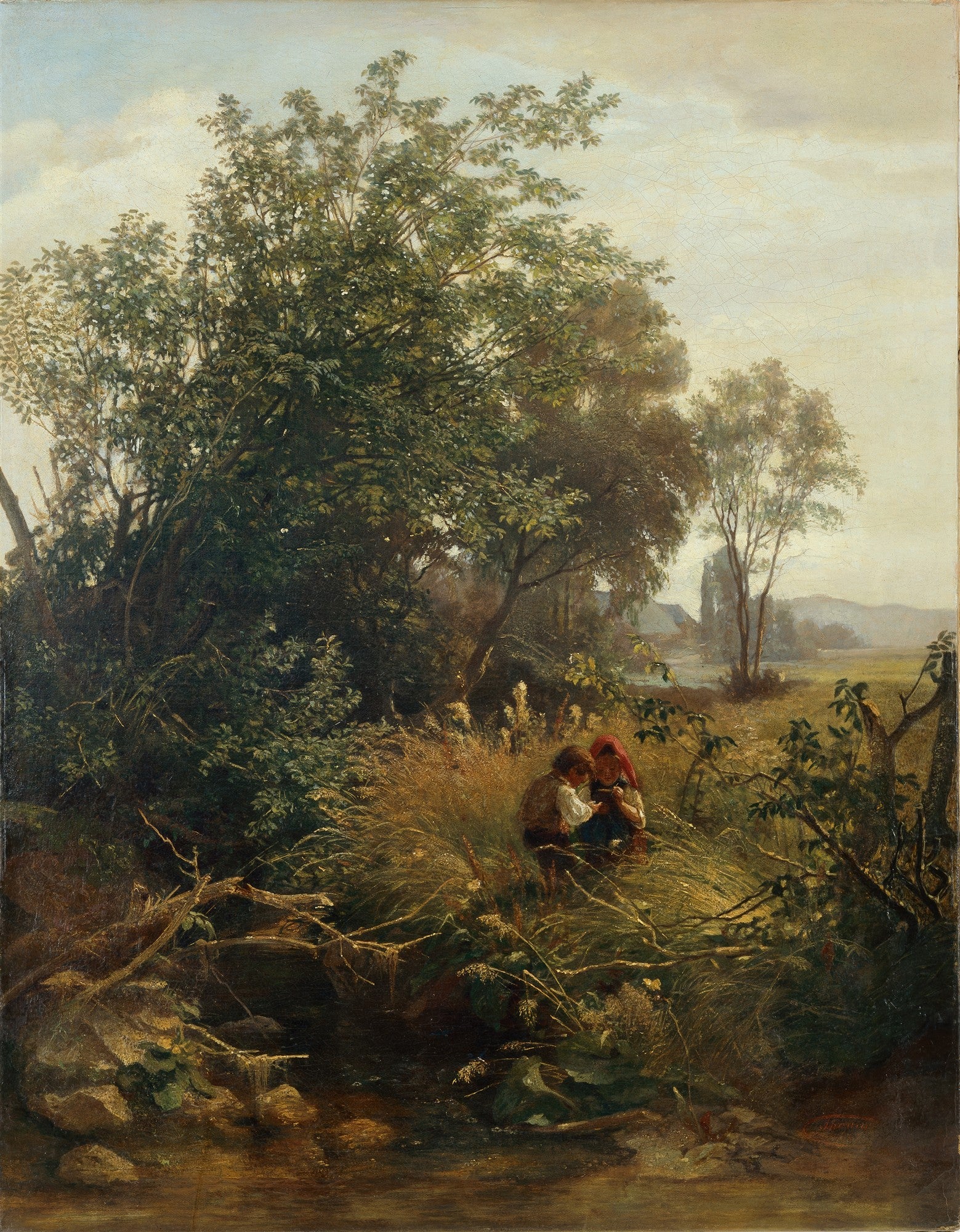 Quadro a óleo de paisagem campestre com duas crianças pescando em um riacho, atribuído a Hans Thoma.