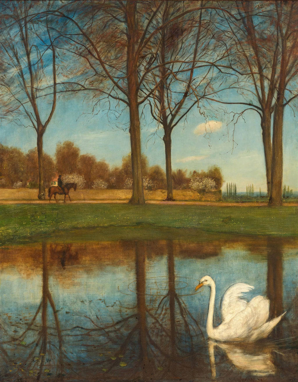 Pintura a óleo de Hans Thoma, "A Lagoa dos Cisnes", mostrando um cisne branco em uma lagoa calma com árvores refletidas e um cavaleiro ao fundo.