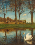 Pintura a óleo de Hans Thoma, "A Lagoa dos Cisnes", mostrando um cisne branco em uma lagoa calma com árvores refletidas e um cavaleiro ao fundo.