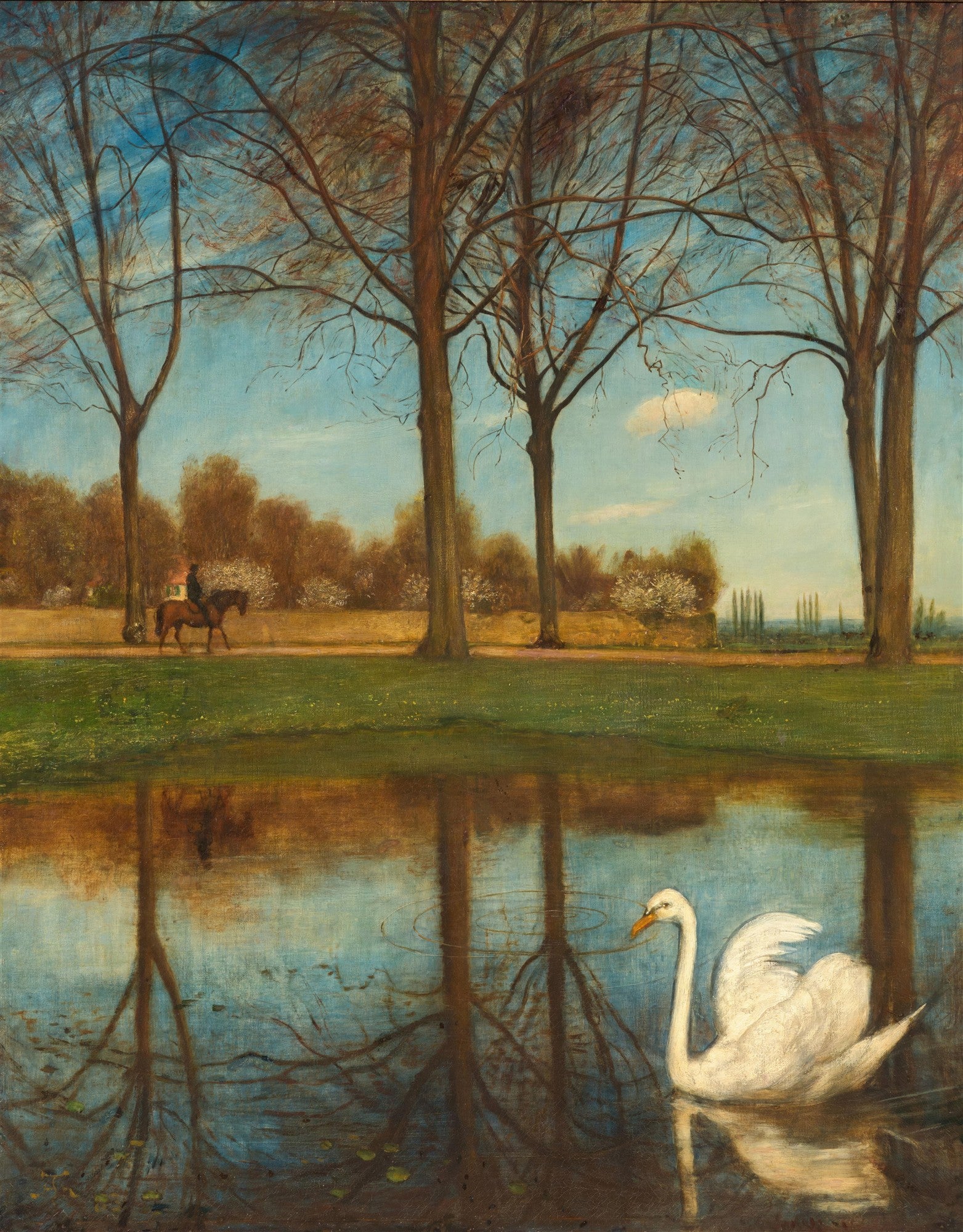 Pintura a óleo de Hans Thoma, "A Lagoa dos Cisnes", mostrando um cisne branco em uma lagoa calma com árvores refletidas e um cavaleiro ao fundo.