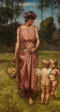 Uma mulher de vestido rosa, com uma coroa de flores, caminha descalça por um campo verde segurando uma cesta de flores, acompanhada por dois cupidos com asas de borboleta. A cena é uma paisagem primaveril com árvores ao fundo, ao estilo de Hans Thoma.