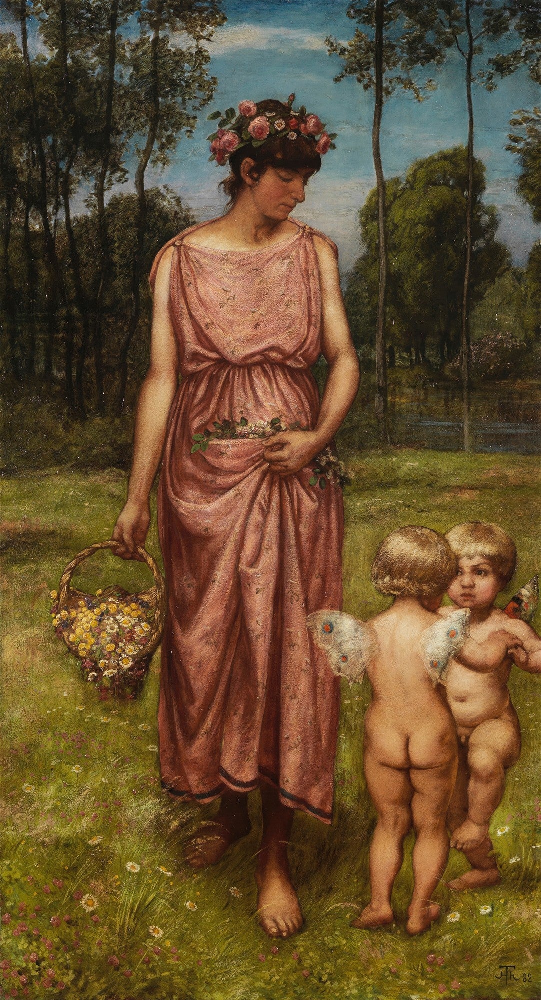 Uma mulher de vestido rosa, com uma coroa de flores, caminha descalça por um campo verde segurando uma cesta de flores, acompanhada por dois cupidos com asas de borboleta. A cena é uma paisagem primaveril com árvores ao fundo, ao estilo de Hans Thoma.