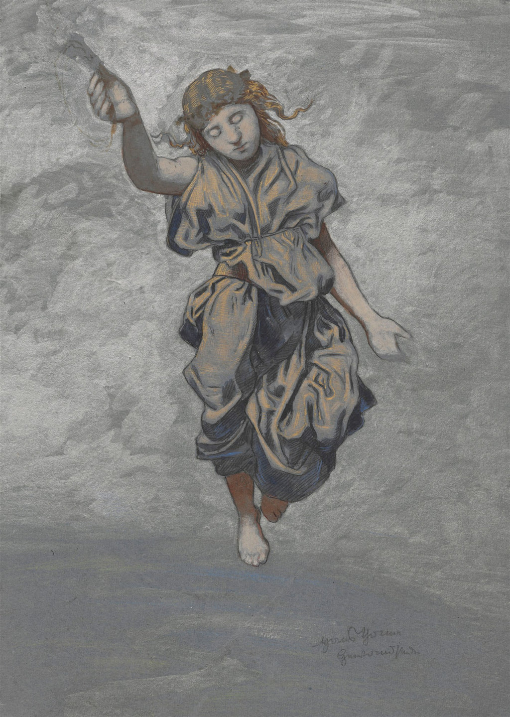 Quadro decorativo da obra 'A Queda de Ícaro' de Hans Thoma, mostrando uma figura jovem caindo, com olhos fechados e expressão de melancolia, vestindo roupas drapeadas em tons de cinza e dourado, sobre um fundo etéreo e nublado.