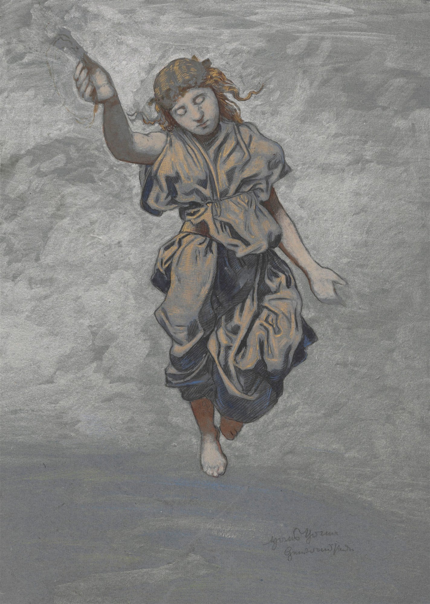 Quadro decorativo da obra 'A Queda de Ícaro' de Hans Thoma, mostrando uma figura jovem caindo, com olhos fechados e expressão de melancolia, vestindo roupas drapeadas em tons de cinza e dourado, sobre um fundo etéreo e nublado.