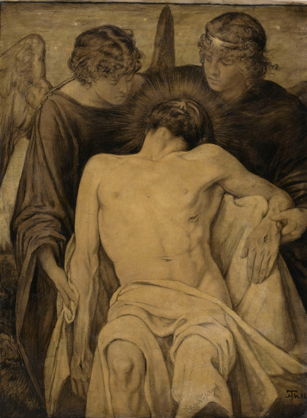 Desenho a carvão de Hans Thoma, A Piedade, mostrando a figura de Cristo morto amparado por dois anjos, com auréolas e asas, em tons sépia.