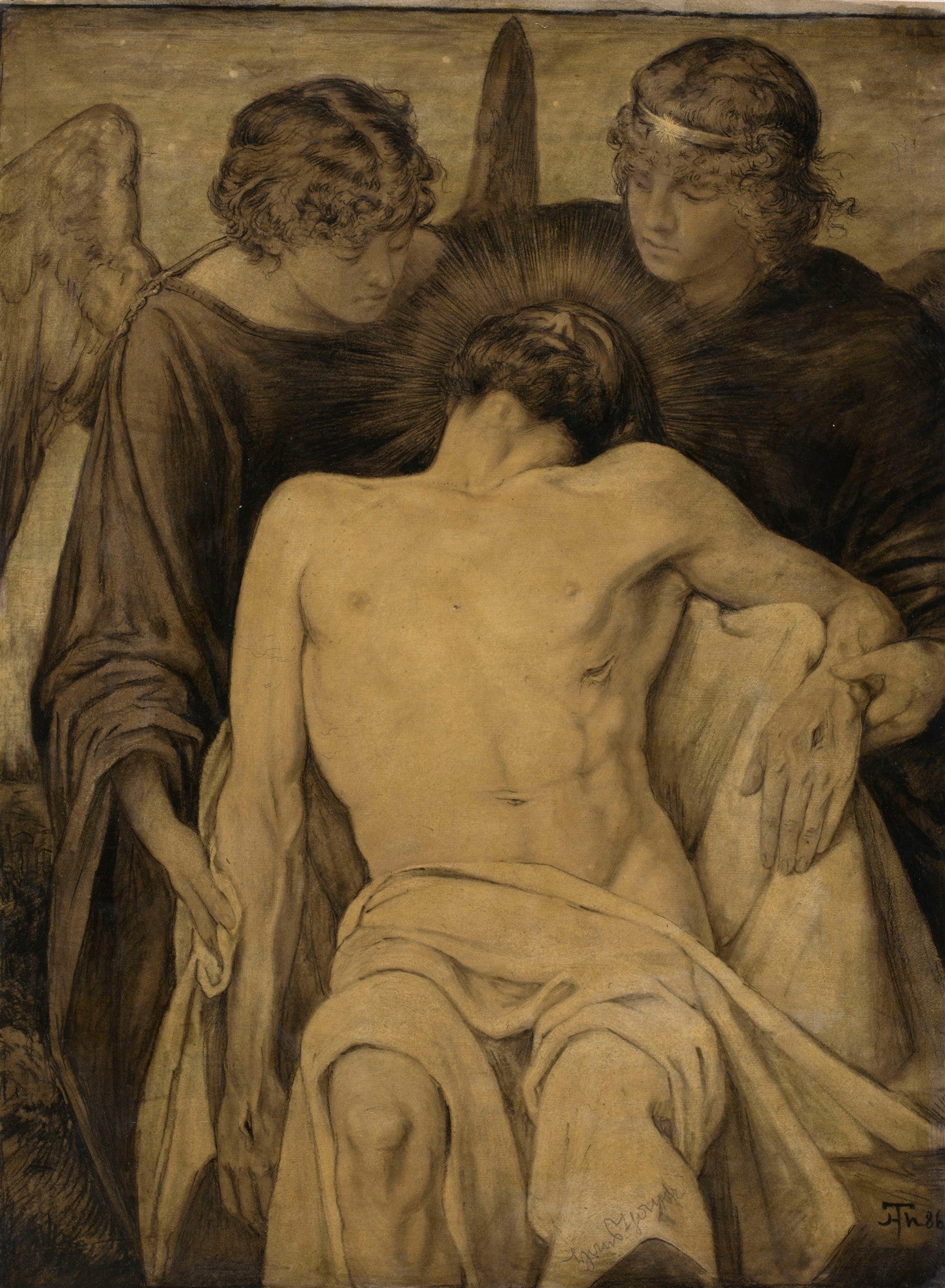 Desenho a carvão de Hans Thoma, A Piedade, mostrando a figura de Cristo morto amparado por dois anjos, com auréolas e asas, em tons sépia.