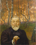 Quadro decorativo com retrato de um homem idoso barbudo em primeiro plano, vestindo casaco escuro, segurando uma bengala, com uma paisagem outonal de árvores de troncos claros e folhagem alaranjada ao fundo. Obra de Hans Thoma.
