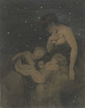 Quadro decorativo mostrando uma mãe e dois filhos dormindo sob um céu noturno estrelado, em tons escuros com detalhes em ouro e rosa.