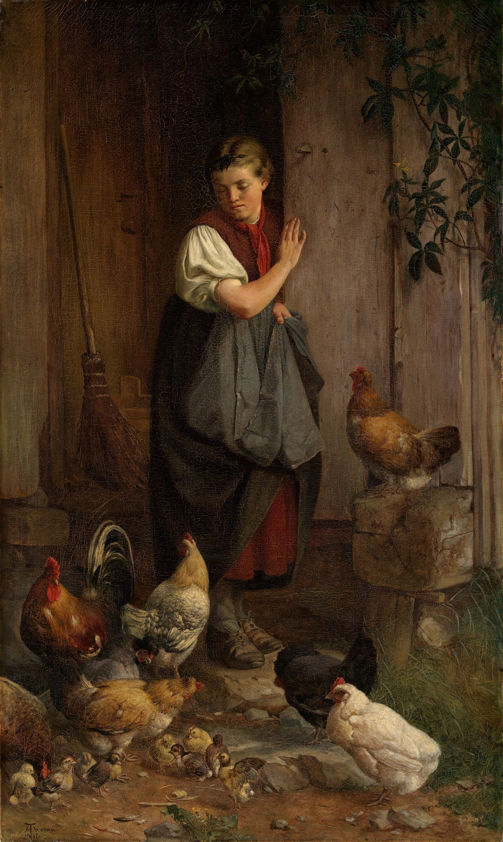 Quadro a óleo retratando uma jovem em um pátio rústico, alimentando ou observando galinhas e pintinhos. Predominam tons terrosos e luz suave.