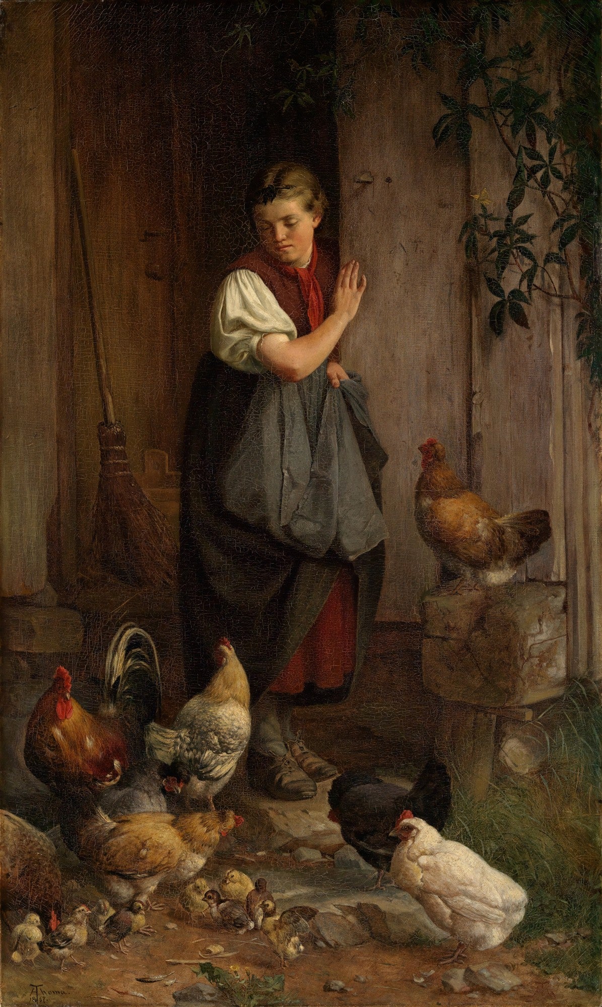Quadro a óleo retratando uma jovem em um pátio rústico, alimentando ou observando galinhas e pintinhos. Predominam tons terrosos e luz suave.