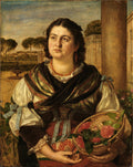 Retrato de uma mulher italiana de Hans Thoma, segurando uma cesta de flores vermelhas, com paisagem de jardim ao fundo. A mulher tem cabelos escuros e olhar pensativo.
