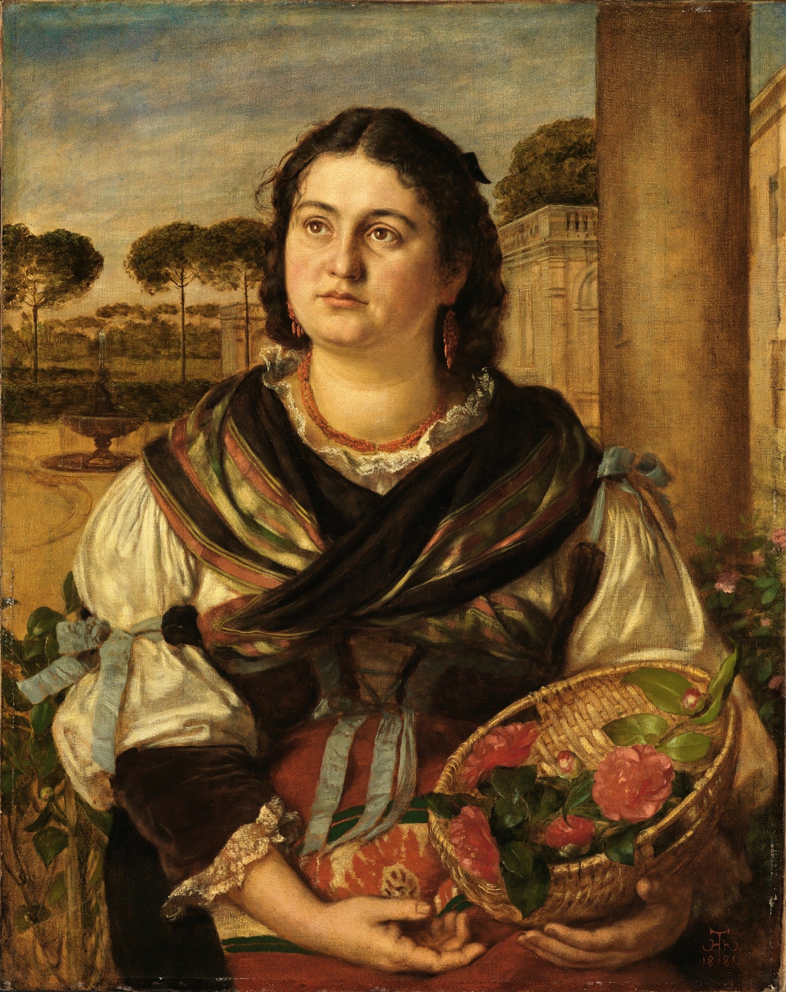 Retrato de uma mulher italiana de Hans Thoma, segurando uma cesta de flores vermelhas, com paisagem de jardim ao fundo. A mulher tem cabelos escuros e olhar pensativo.