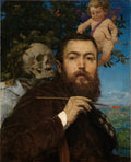 Autorretrato de Hans Thoma com uma caveira e um cupido, em tons escuros e azuis. O artista segura um pincel.