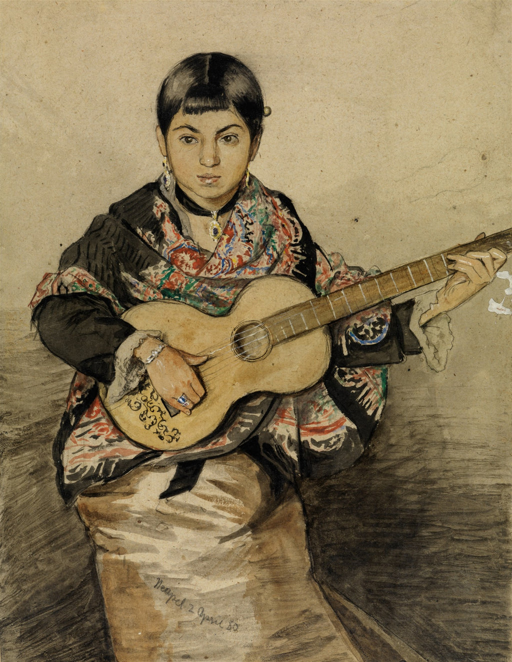 Uma jovem de cabelos escuros e franja, usando brincos e um xale colorido, toca um violão com detalhes ornamentados, em uma aquarela de Hans Thoma.