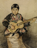 Uma jovem de cabelos escuros e franja, usando brincos e um xale colorido, toca um violão com detalhes ornamentados, em uma aquarela de Hans Thoma.