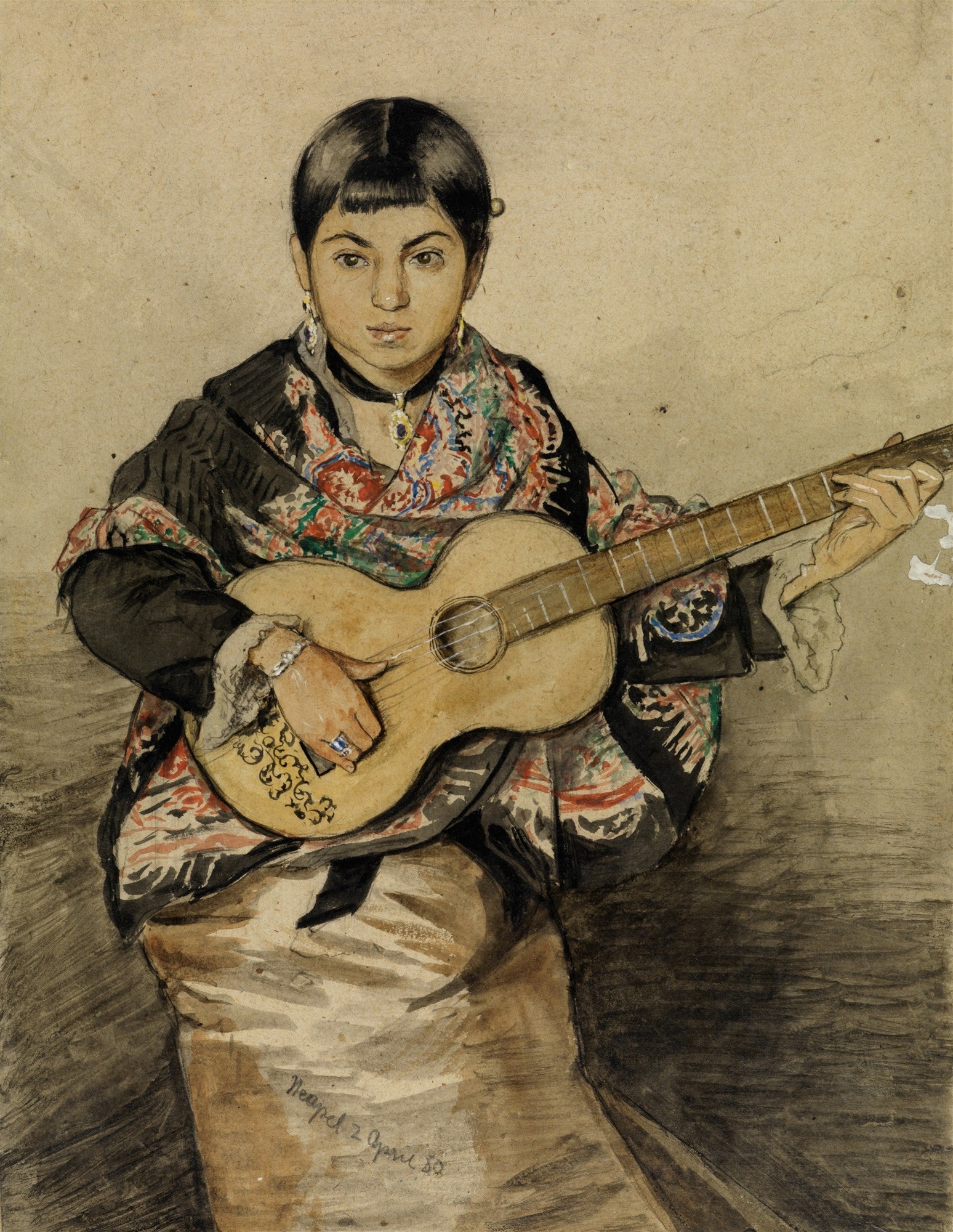 Uma jovem de cabelos escuros e franja, usando brincos e um xale colorido, toca um violão com detalhes ornamentados, em uma aquarela de Hans Thoma.