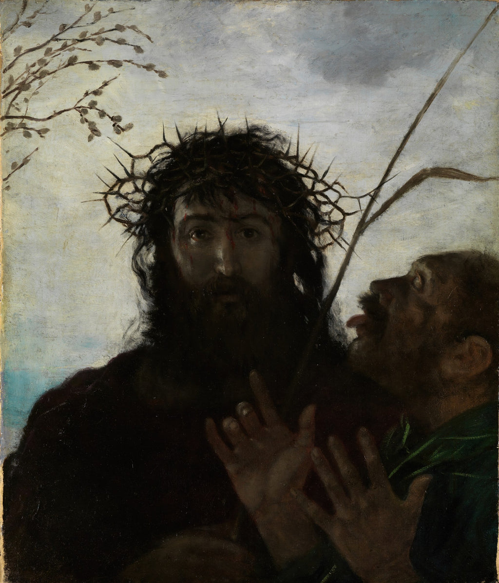 Quadro decorativo 'Ecce Homo' de Hans Thoma, retratando Jesus com coroa de espinhos e outra figura humana, em tons escuros e dramáticos.