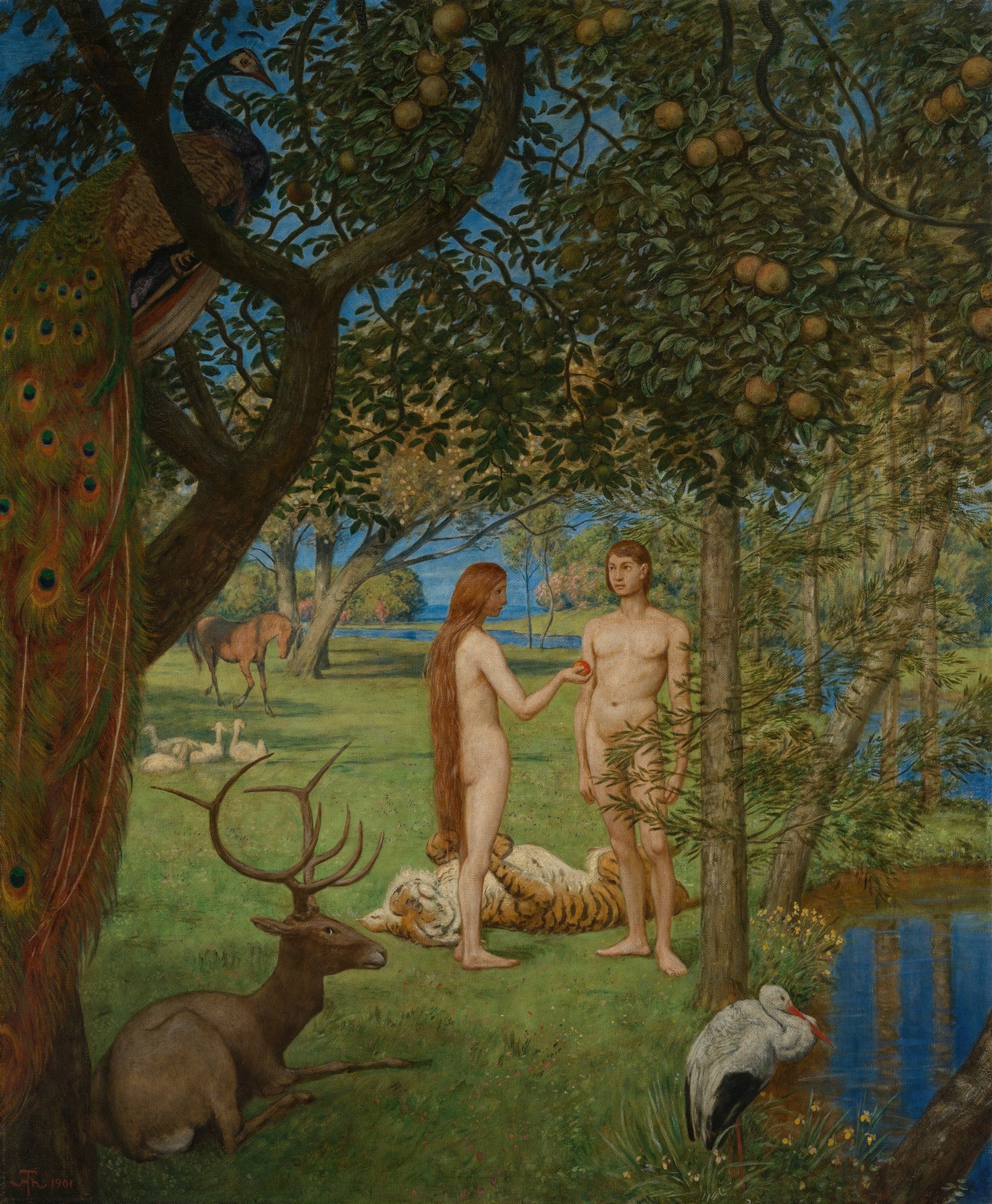 Quadro decorativo 'Adão e Eva no Paraíso' de Hans Thoma, mostrando Adão e Eva nus em um jardim exuberante com animais como pavão, cervo, tigres e cegonha, e um rio ao fundo.