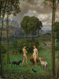 Quadro decorativo Adão e Eva no Paraíso de Hans Thoma. A pintura mostra Adão e Eva nus em um jardim exuberante com animais como um leão, cervos, um cão e um bode. Montanhas com cachoeiras ao fundo sob um céu nublado.